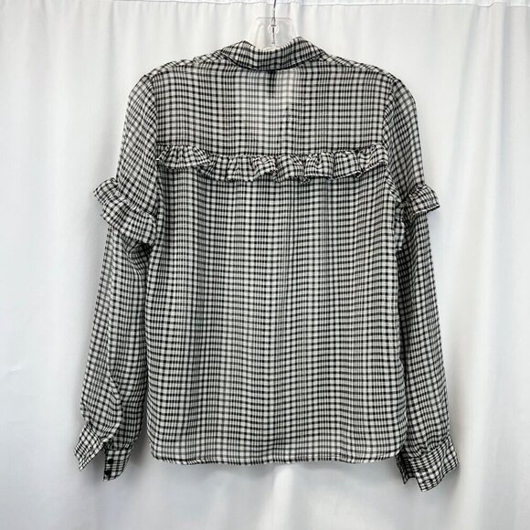 H&M Womens Long Sleeve Button Down Sheer Blouse Black/Gray Plaid Sz 4 Ruffles - Picture 7 of 9